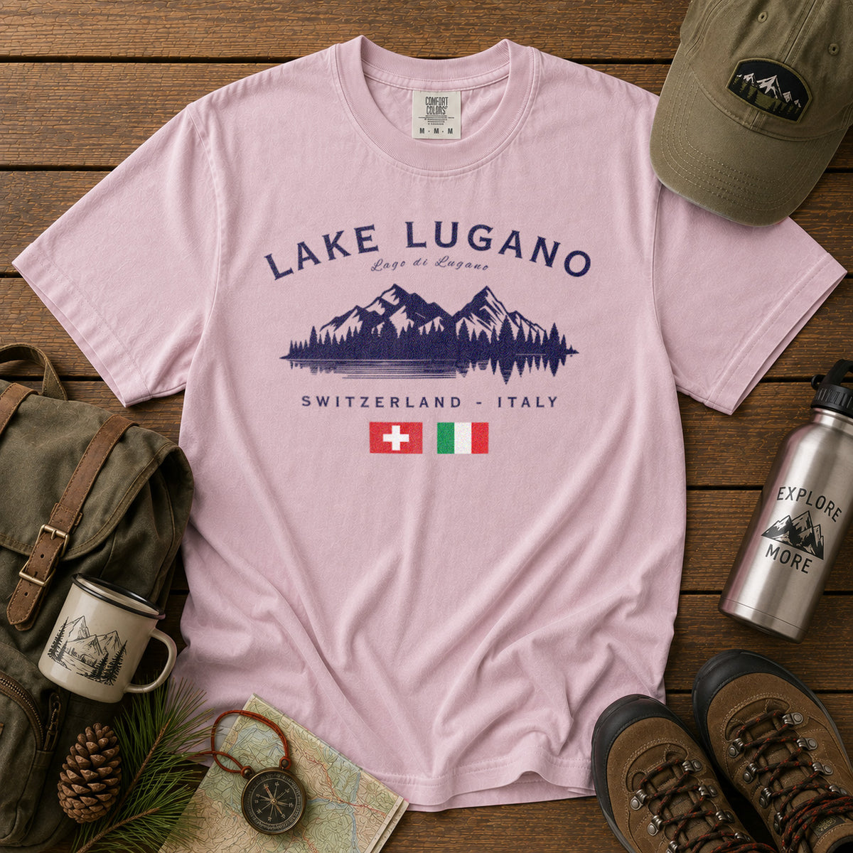 Lake Lugano Switzerland Italy T-Shirt in Blossom - roamstride graphic tee