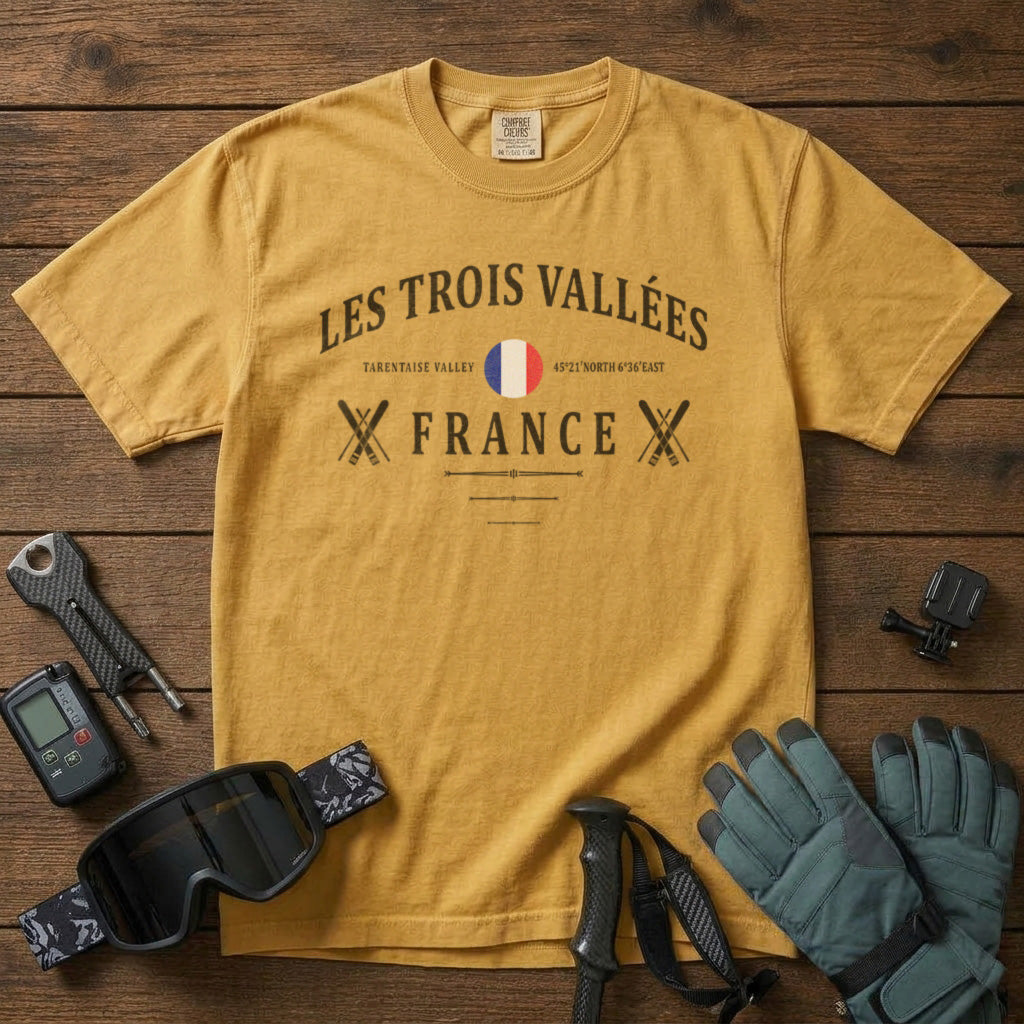 Les Trois Valees T-Shirt in Mustard - roamstride graphic tee