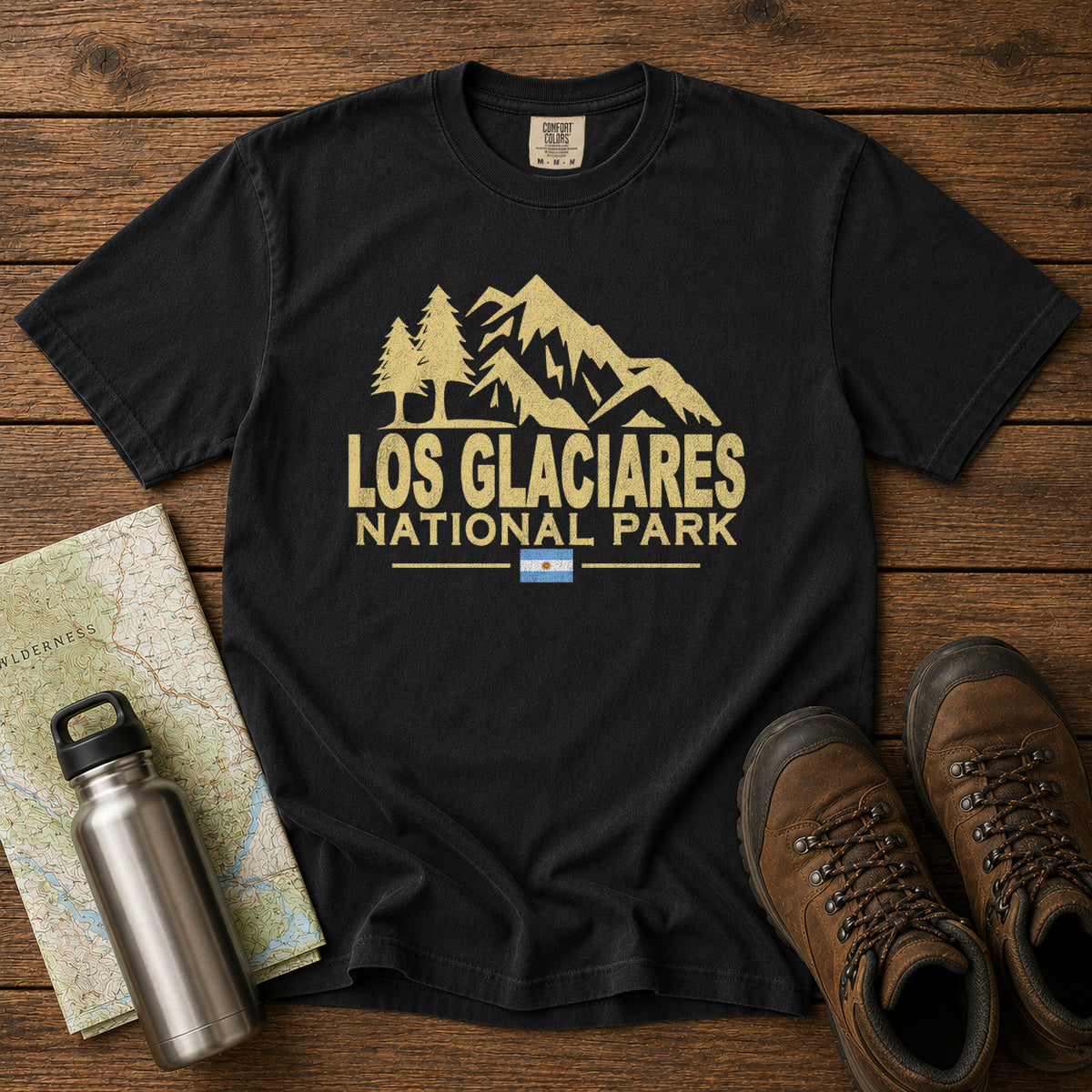 Los Glaciares National Park Argentina Andes Mountains T-Shirt in Black - roamstride graphic tee