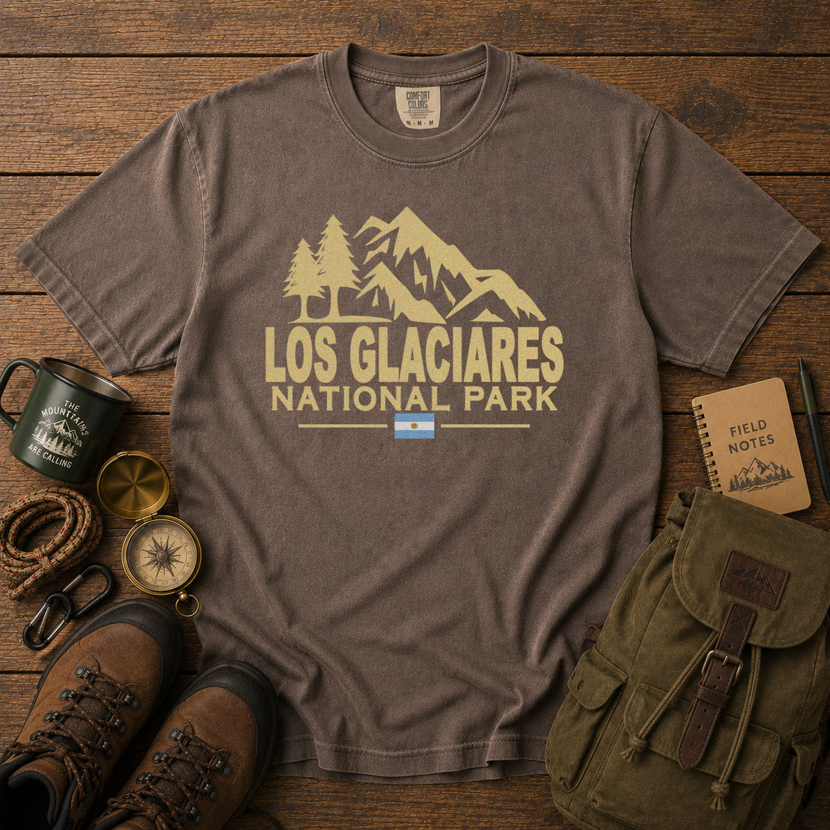 Los Glaciares National Park Argentina Andes Mountains T-Shirt in Espresso - roamstride graphic tee
