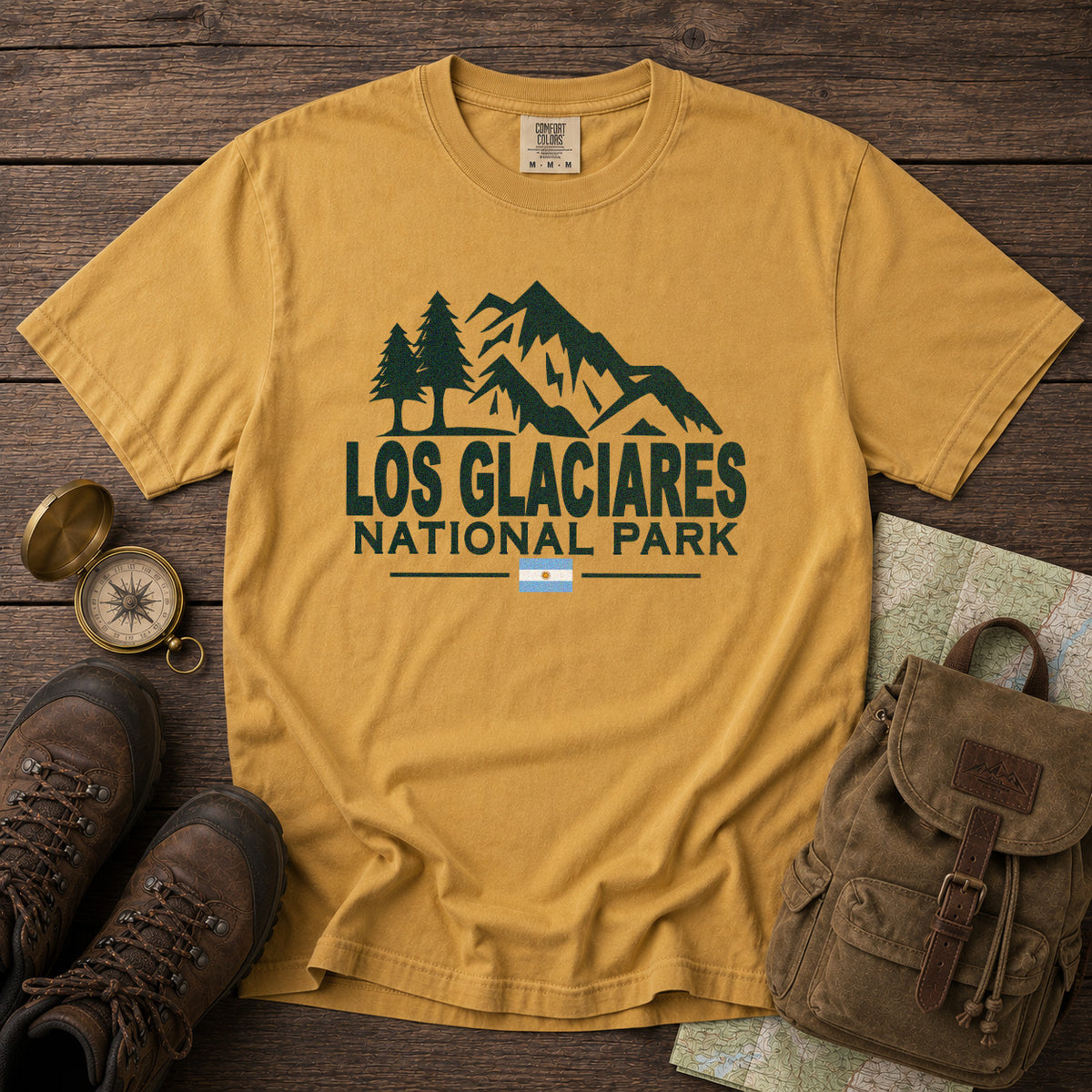 Los Glaciares National Park Argentina Andes Mountains T-Shirt in Mustard - roamstride graphic tee