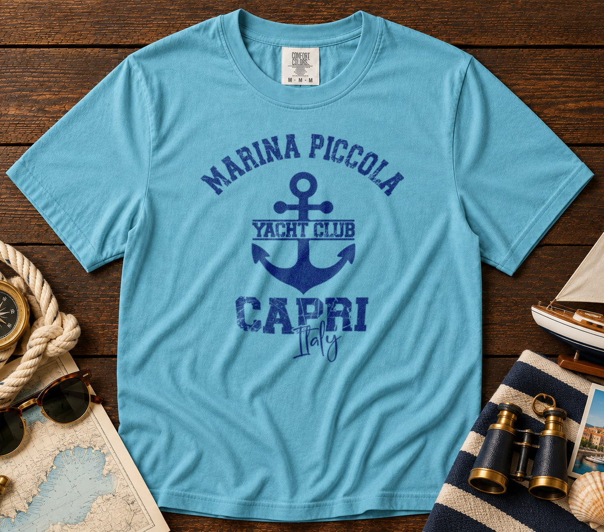Marina Piccola Capri Italy T-Shirt in Lagoon Blue - roamstride graphic tee