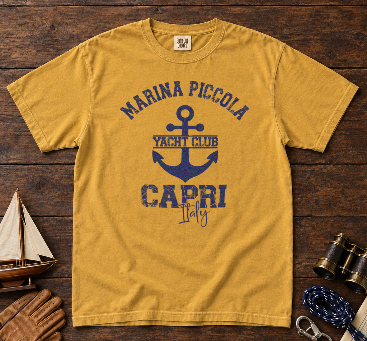 Marina Piccola Capri Italy T-Shirt in Mustard - roamstride graphic tee