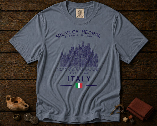 Milan Cathedral T-Shirt in Blue Jean - roamstride graphic tee