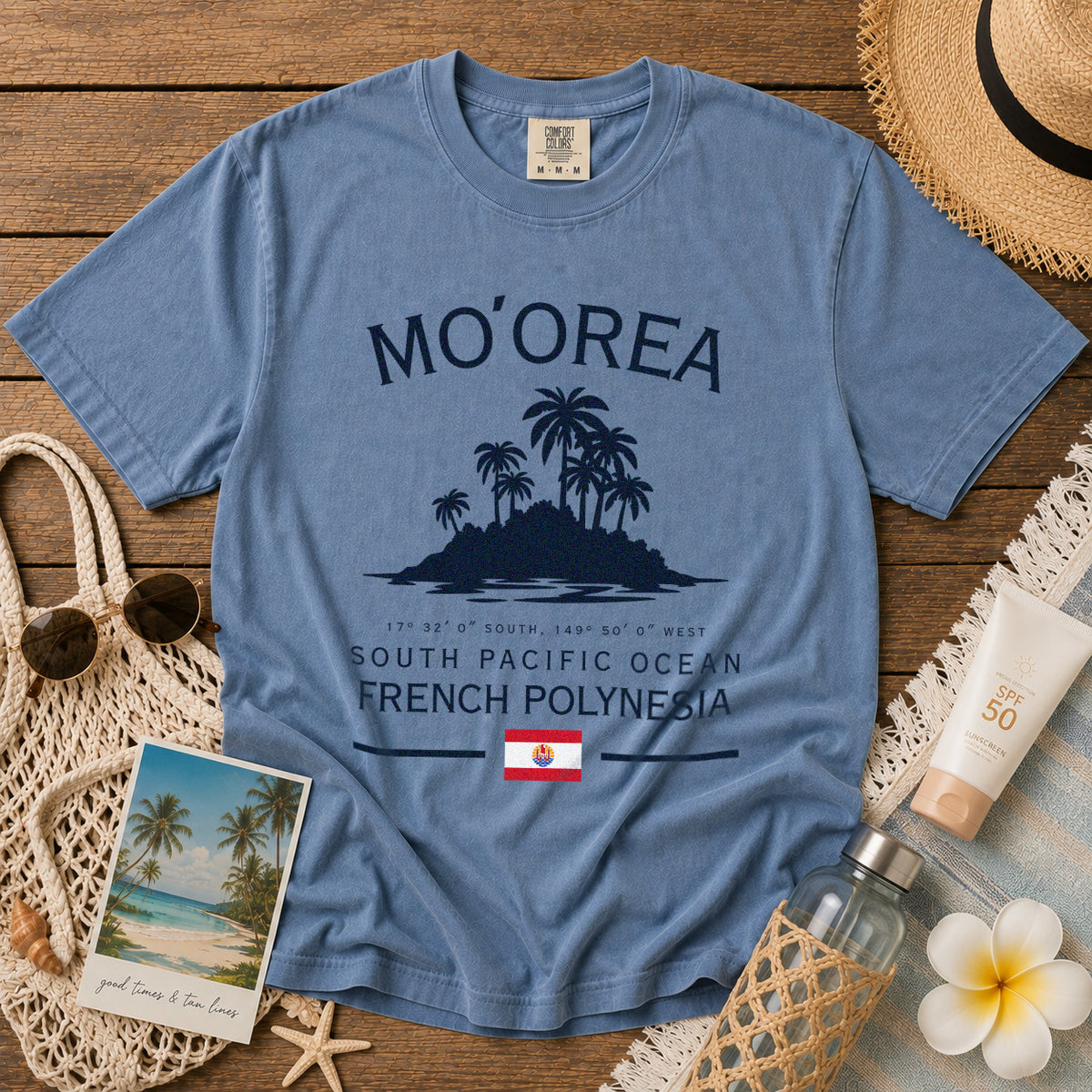 Moorea Tropical Island Polynesia T-Shirt in Blue Jean - roamstride graphic tee