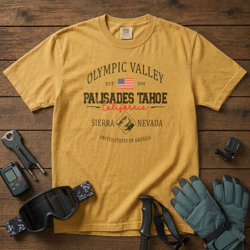 Palisades Tahoe California T-Shirt in Mustard - roamstride graphic tee