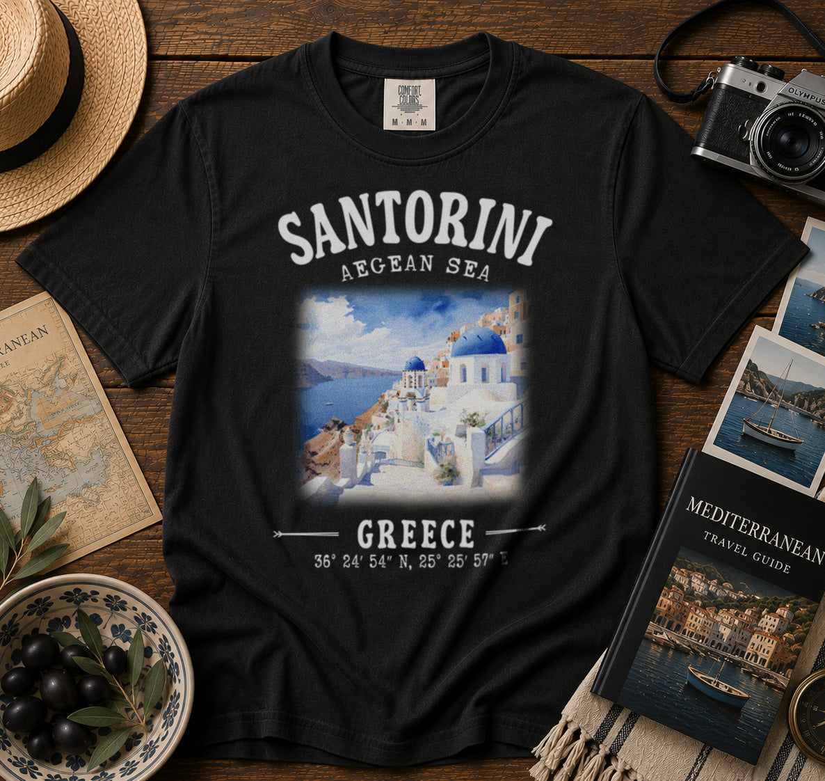 Santorini Greece T-Shirt in Black - roamstride graphic tee