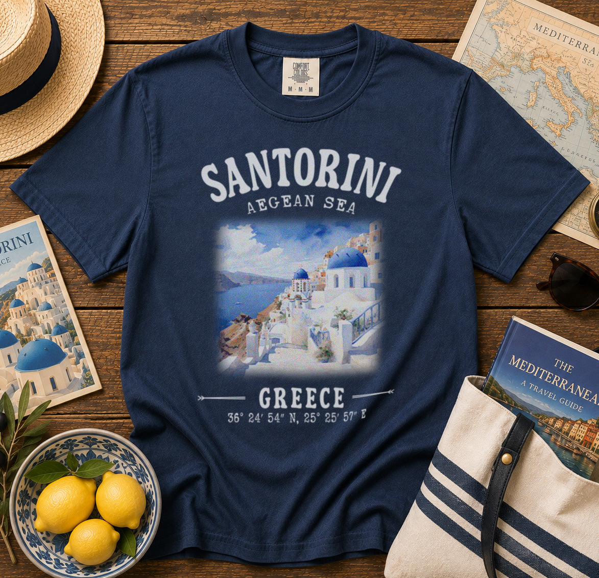 Santorini Greece T-Shirt in Navy - roamstride graphic tee