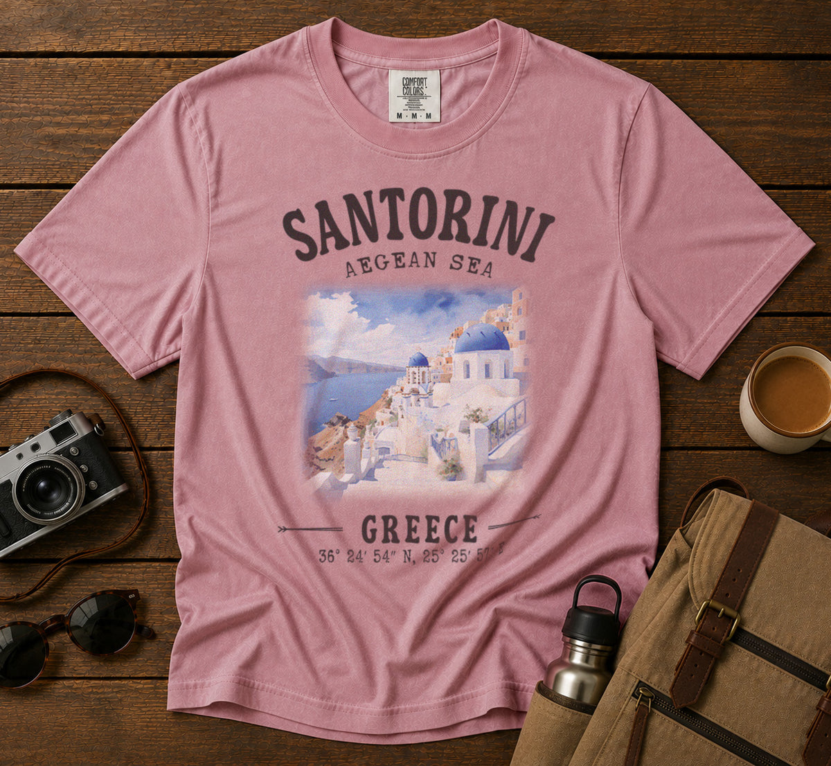 Santorini Greece T-Shirt in Blossom - roamstride graphic tee
