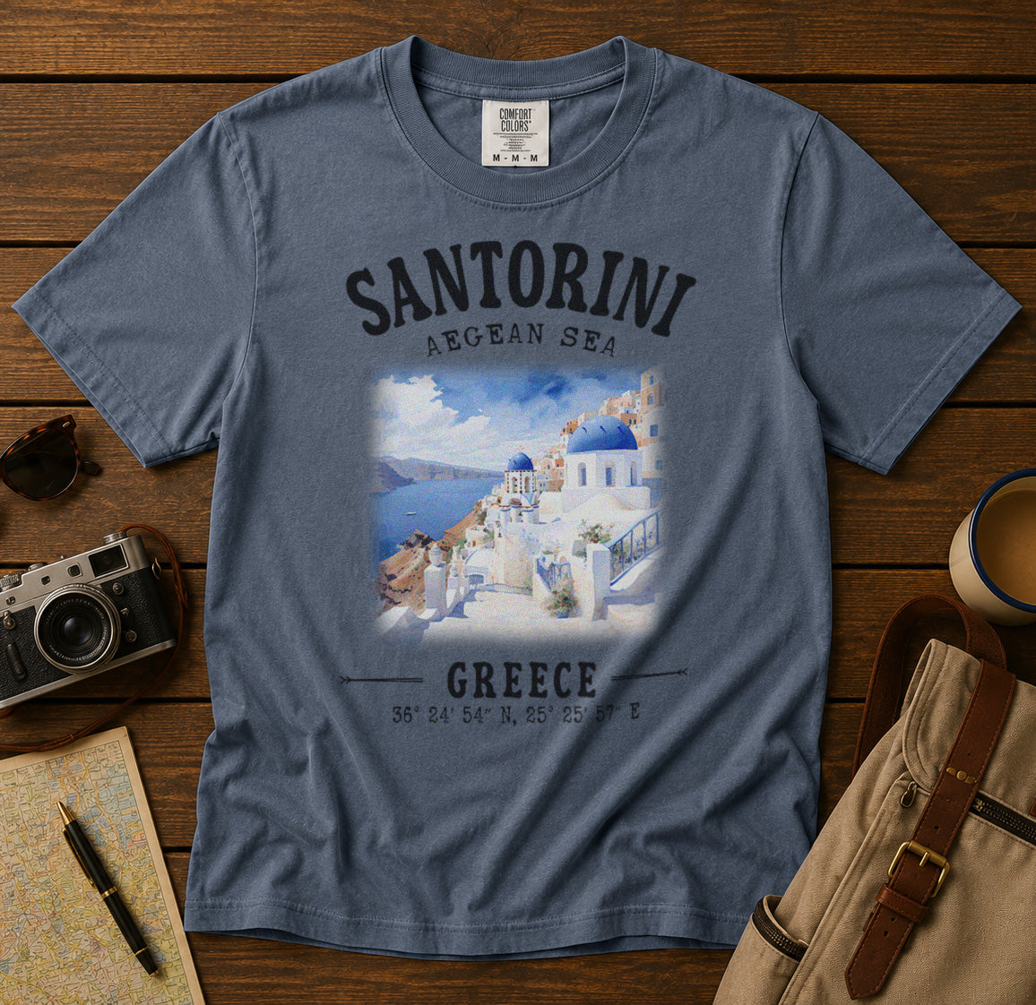 Santorini Greece T-Shirt in Blue Jean - roamstride graphic tee