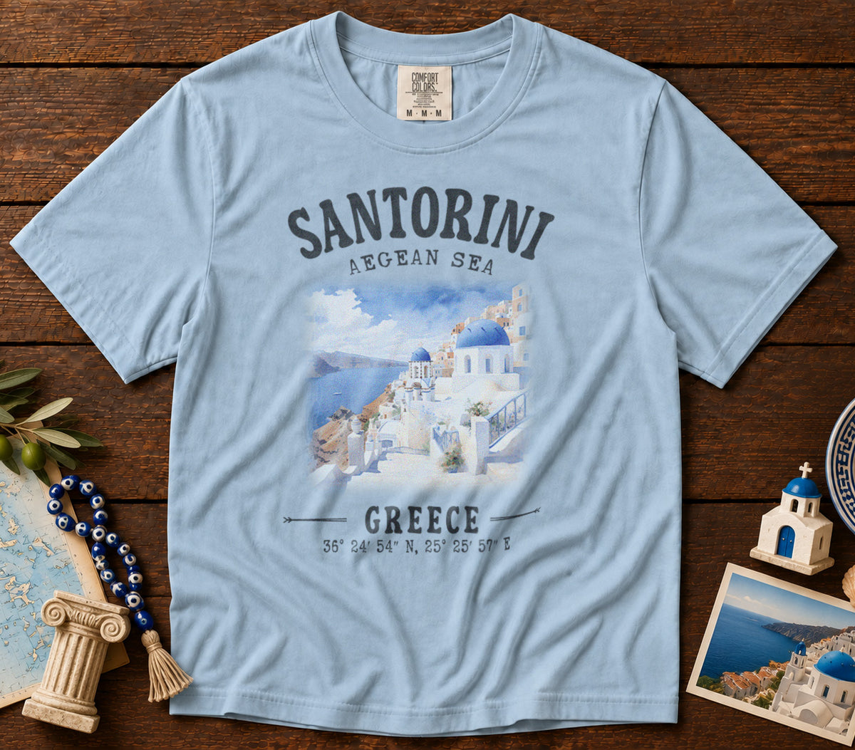 Santorini Greece T-Shirt in Chambray - roamstride graphic tee