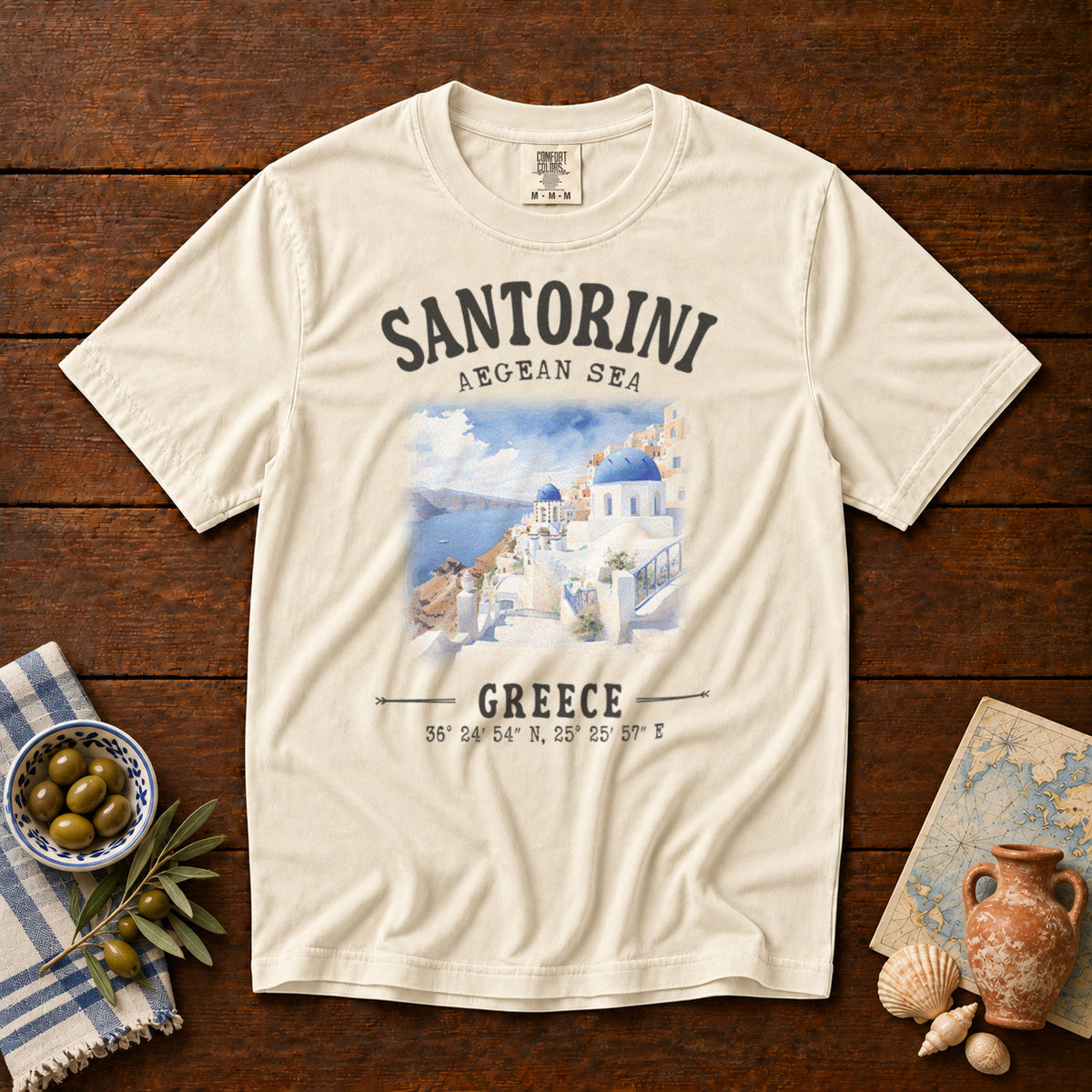 Santorini Greece T-Shirt in Ivory - roamstride graphic tee
