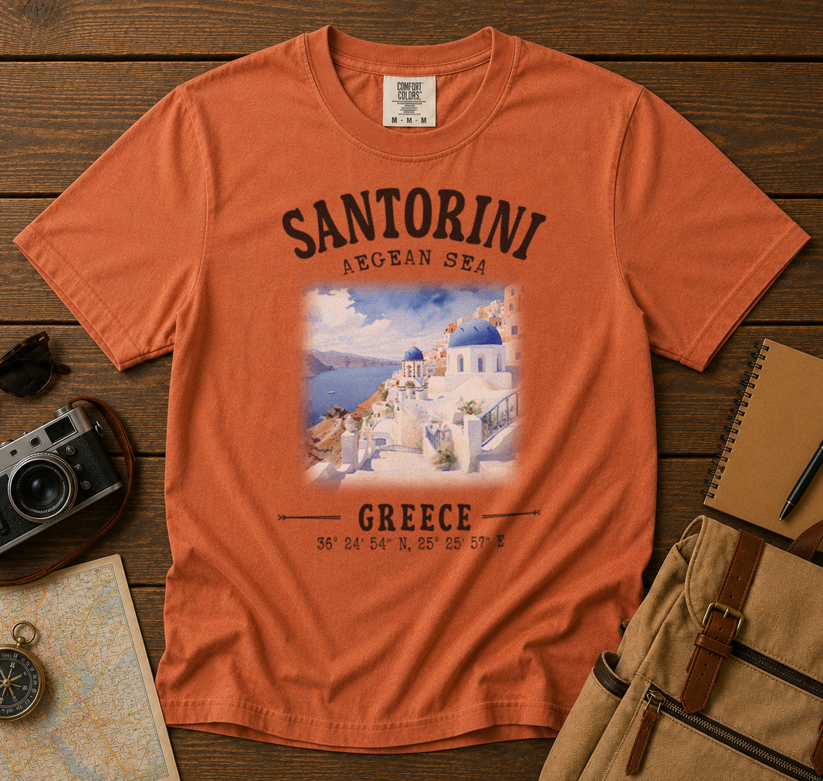 Santorini Greece T-Shirt in Yam - roamstride graphic tee