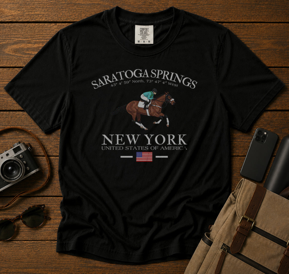 Saratoga Springs Horse Racing T-Shirt in Black - roamstride graphic tee