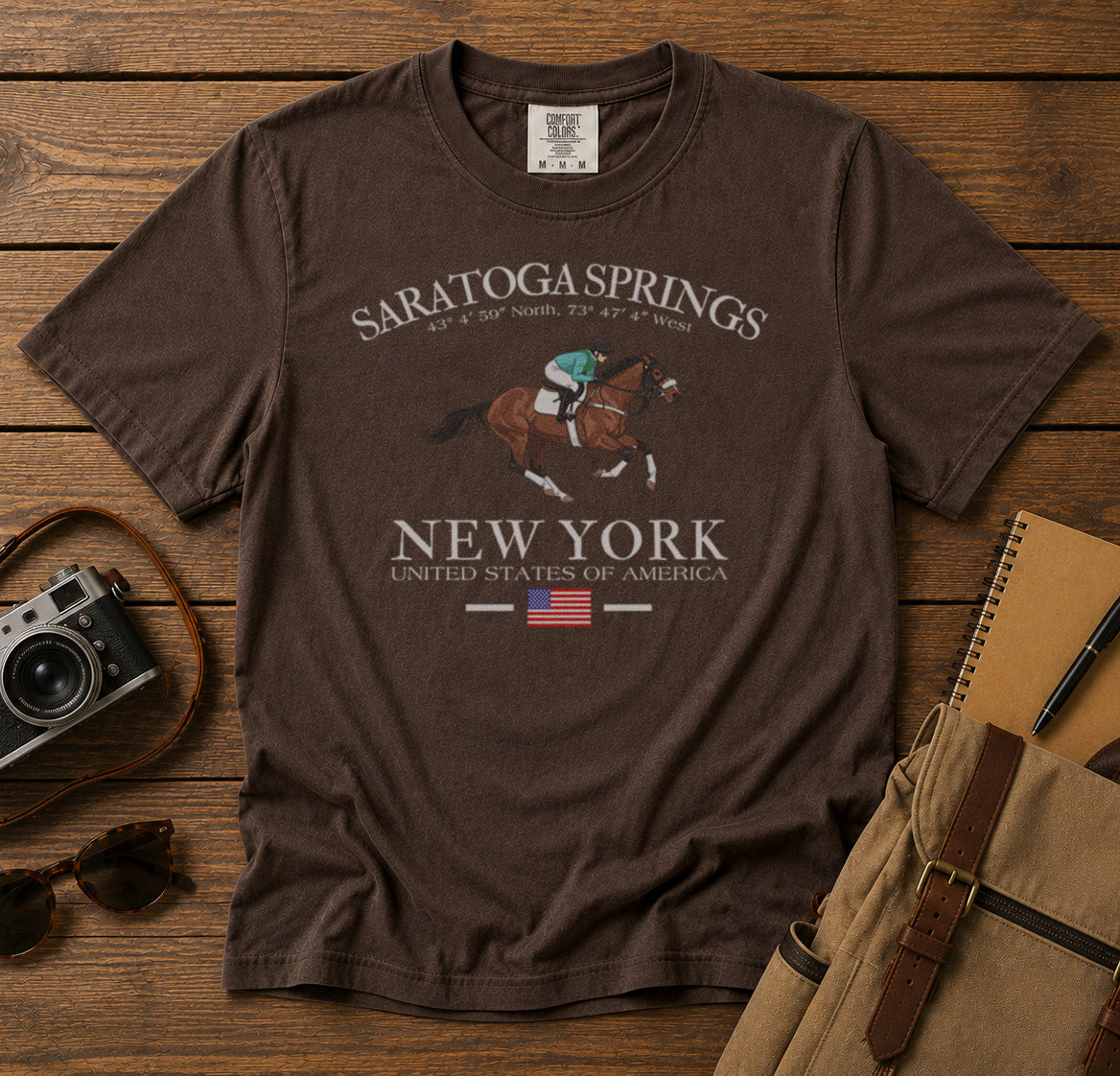 Saratoga Springs Horse Racing T-Shirt in Espresso - roamstride graphic tee