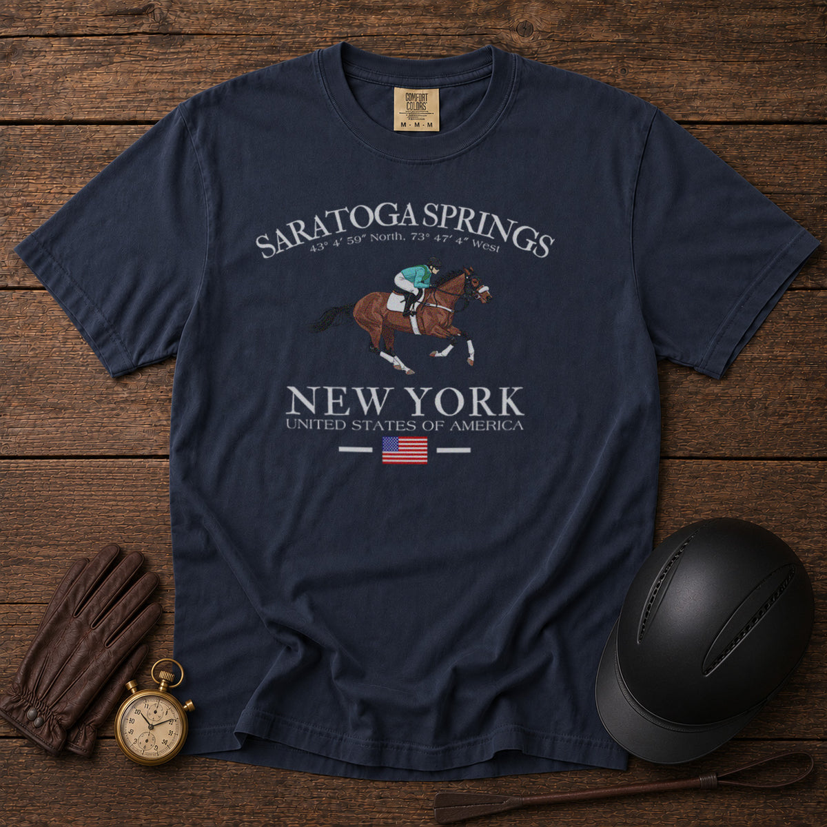 Saratoga Springs Horse Racing T-Shirt in Navy - roamstride graphic tee