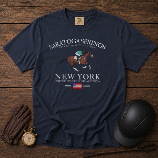 Saratoga Springs Horse Racing T-Shirt in Navy - roamstride graphic tee
