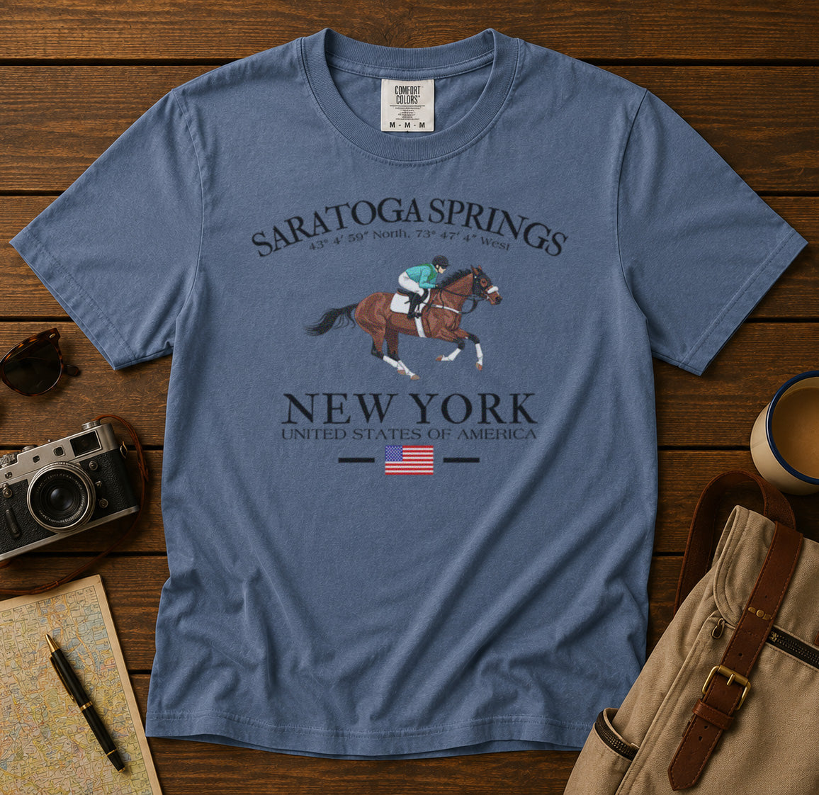 Saratoga Springs Horse Racing T-Shirt in Blue Jean - roamstride graphic tee