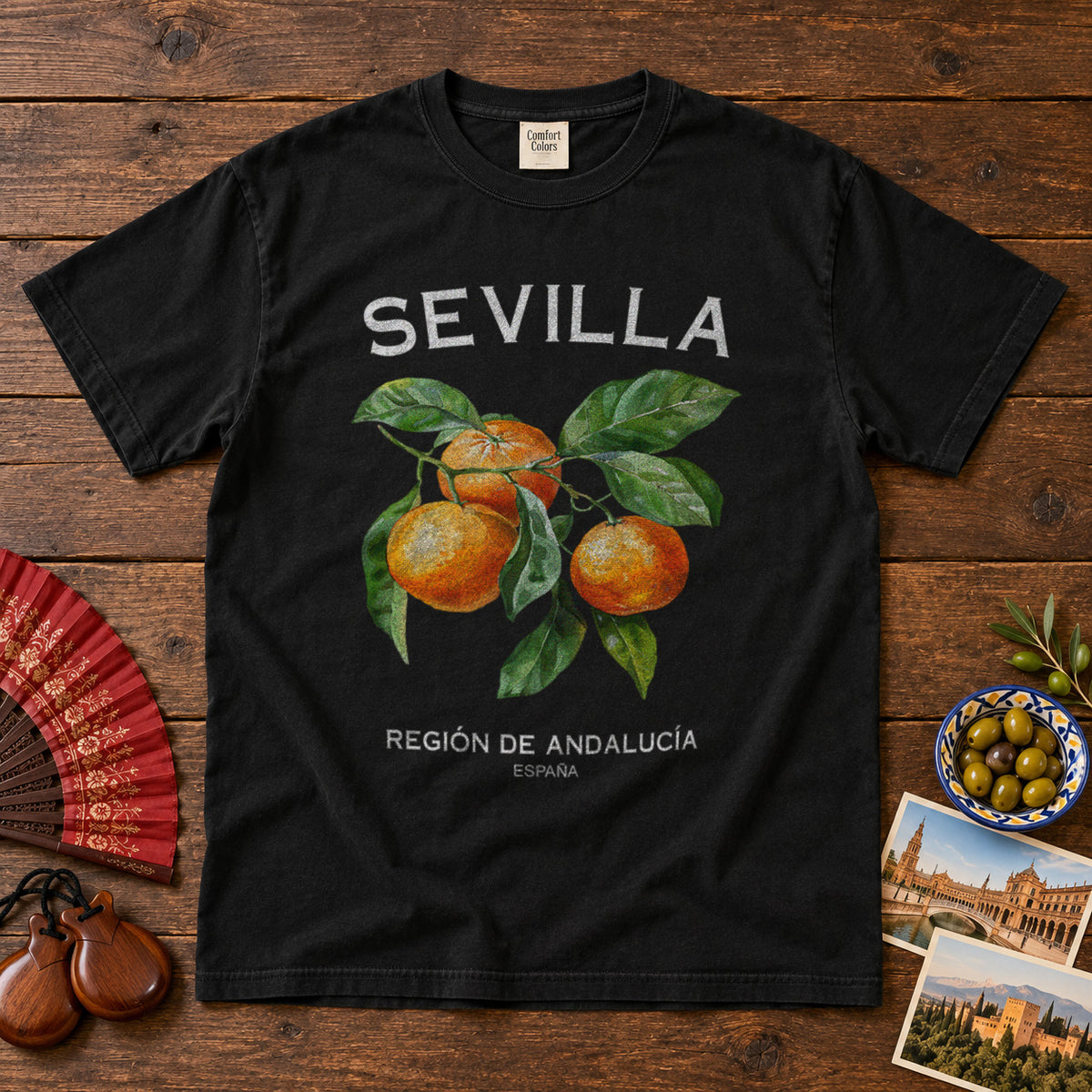 Sevilla Oranges Spain T-Shirt in Black - roamstride graphic tee