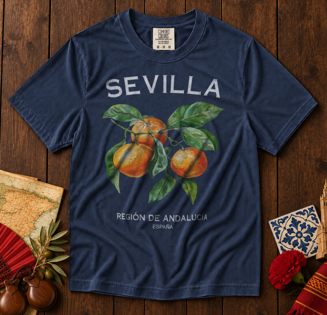 Sevilla Oranges Spain T-Shirt in Navy - roamstride graphic tee