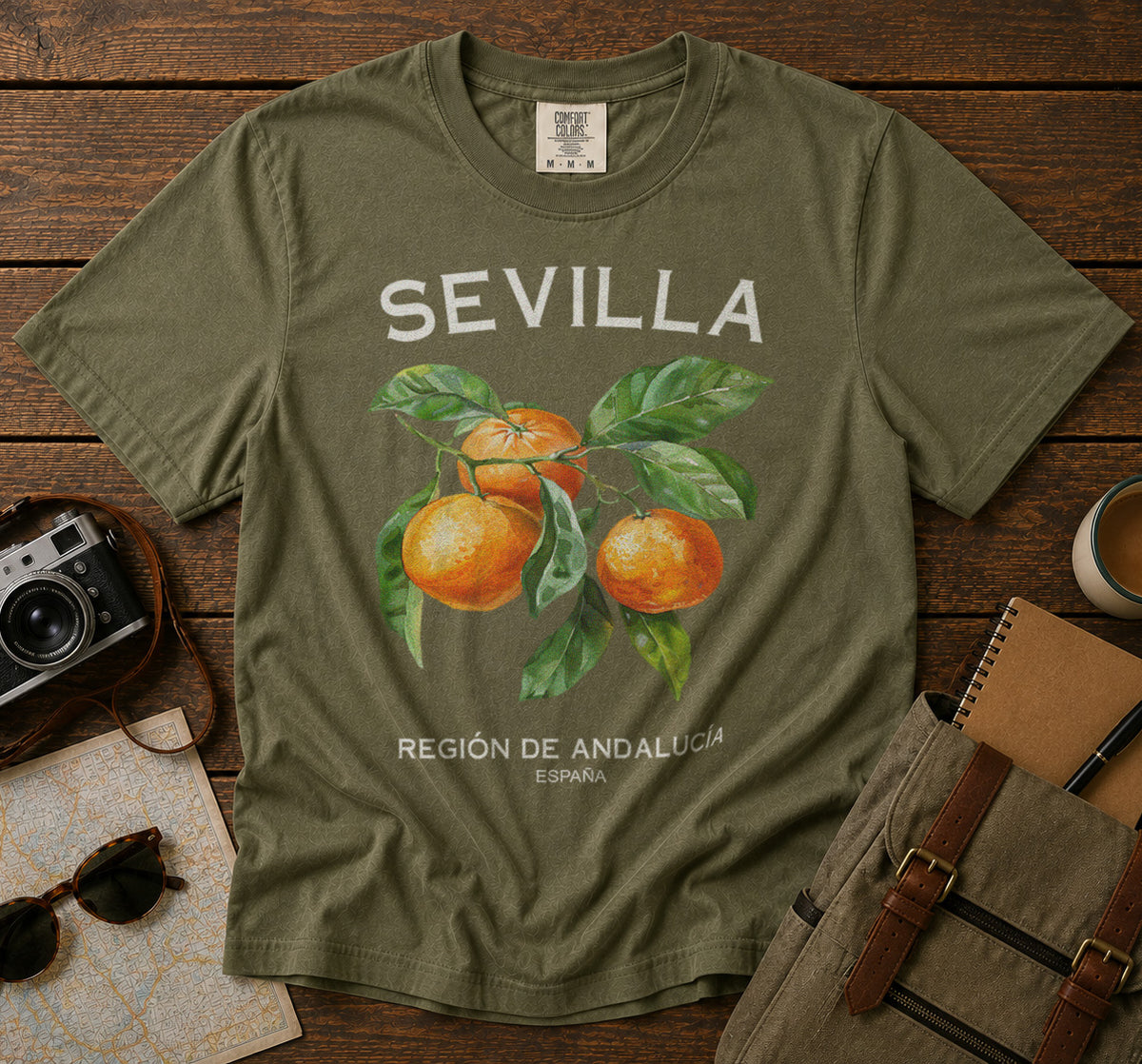 Sevilla Oranges Spain T-Shirt in Moss - roamstride graphic tee