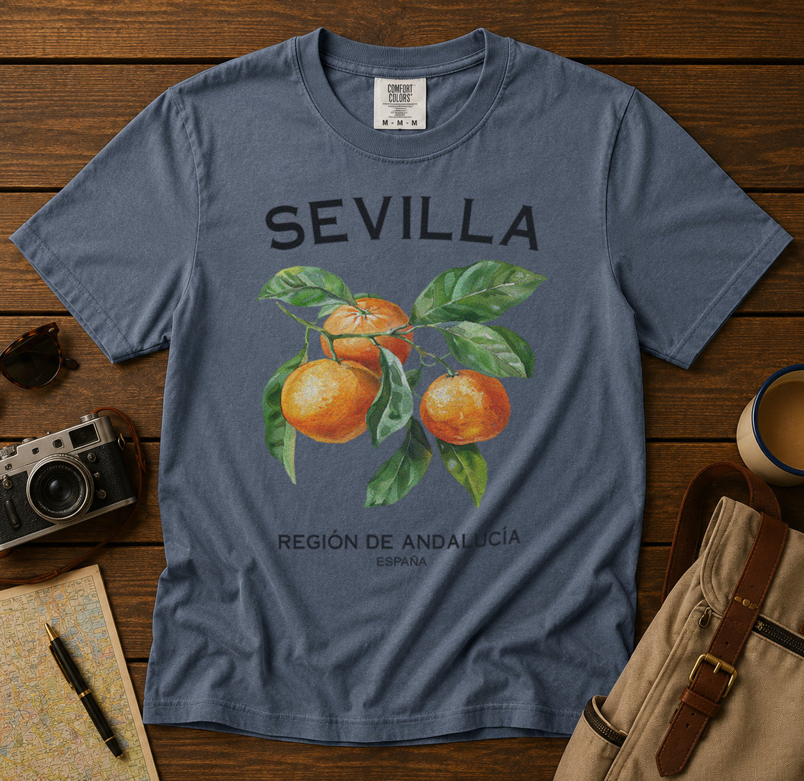 Sevilla Oranges Spain T-Shirt in Blue Jean - roamstride graphic tee